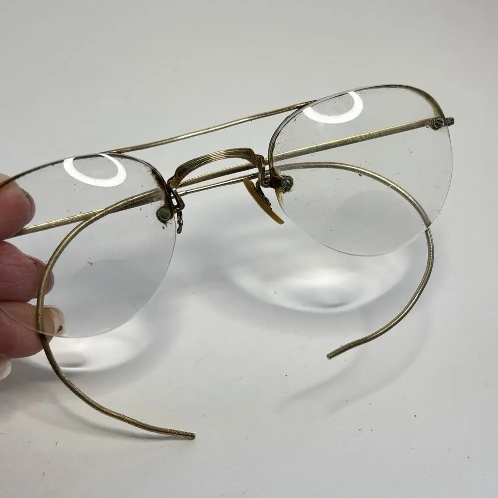 Antique Bausch & Lomb 1/10 12K GF Rimless Round Eyeglasses Bifocals w Case